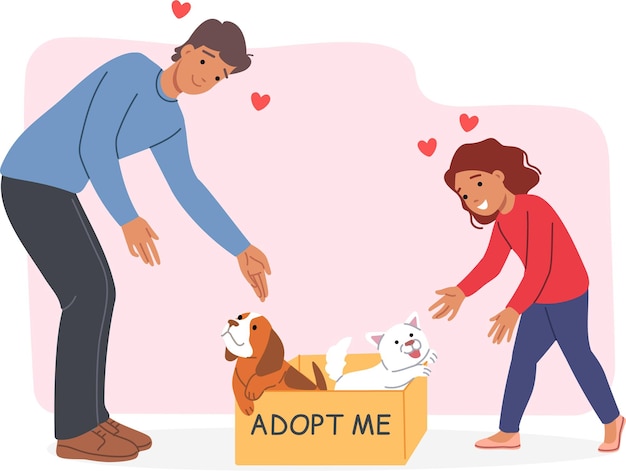 Adottami iscrizione su una scatola con gatto e cane vicino ragazza felice e uomo che sceglie animale domestico
