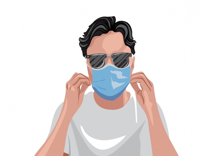 Vettore adulto in maglietta bianca che indossa maschera medica protettiva e occhiali da sole