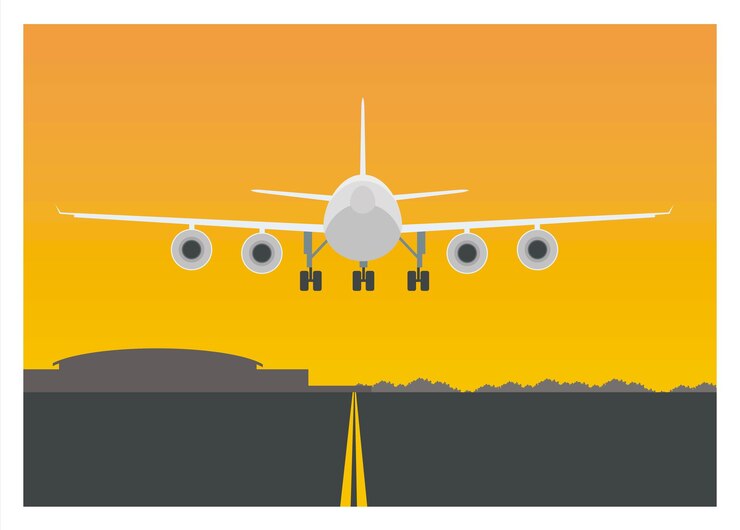 Vettore aereo che vola sopra una pista di un aeroporto nel pomeriggio vista posteriore illustrazione piatta semplice