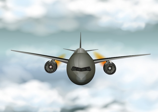 Aeroplano grigio volare attraverso le nuvole