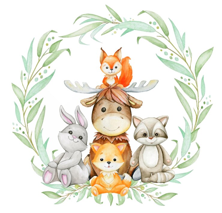Vettore affascinante disegno ad acquerello che mostra un'amichevole riunione di animali della foresta un alce volpe scoiattoli coniglio e procione circondati da fogliame verde ideale per baby shower camere per bambini e biglietti di auguri