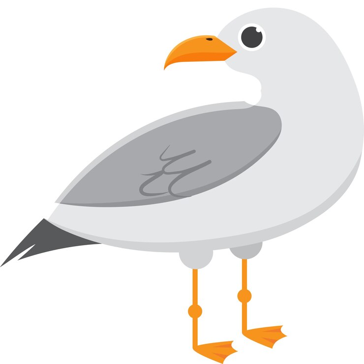 Vettore affascinante gabbiano dei cartoni animati in piedi con il corpo in avanti e la testa girata in colori vivaci perfetti per progetti naturali logo e disegni divertenti