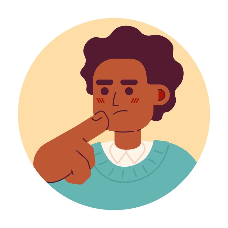 Vettore afro capelli giovane uomo che tocca il mento 2d vettoriale avatar illustrazione afro-americano studente universitario pensieri fissando volto personaggio di cartone animato prendere una decisione colore piatto immagine di profilo utente isolato su bianco