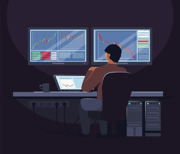 Agente di borsa seduto alla scrivania del commerciante davanti allo schermo del computer illustrazione vettoriale piatta trading roo