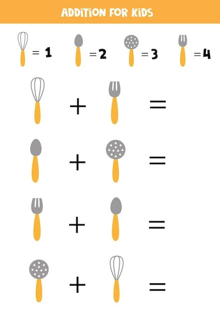 Aggiunta con diverse posate da cucina. Gioco di matematica educativo per bambini.