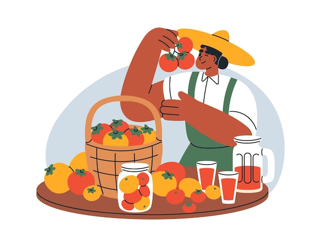 Agricoltore con raccolto di verdure biologiche fresche Agricoltura operaio donna che vende pomodori e prodotti naturali al mercato locale Illustrazione vettoriale grafica piatta isolata su sfondo bianco