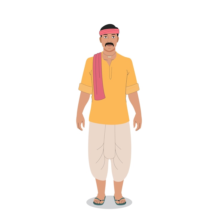 Vettore agricoltore indiano in piedi, agricoltore indiano di fronte, agricoltore che indossa dhoti kurta