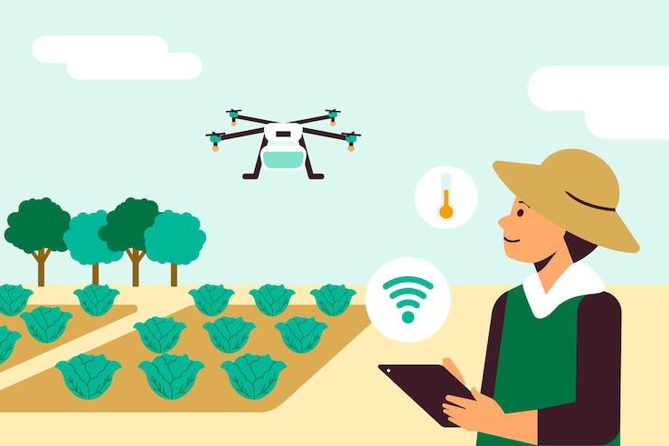 Vettore agricoltori che utilizzano il sistema di sensori di agricoltura intelligente vettore di droni agricoli