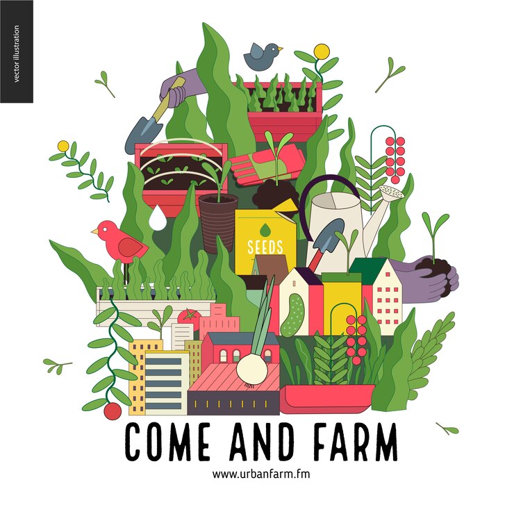 Vettore agricoltura urbana e collage di giardinaggio