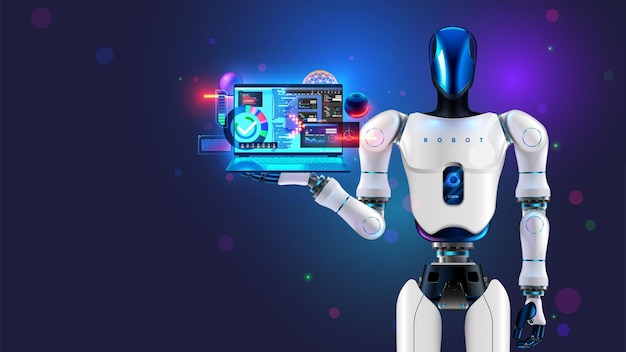 Ai bot programmer with laptop with code programs on screen Artificial intelligence coder robot programmer Software development technology Ai chat bot create program code programming on laptop