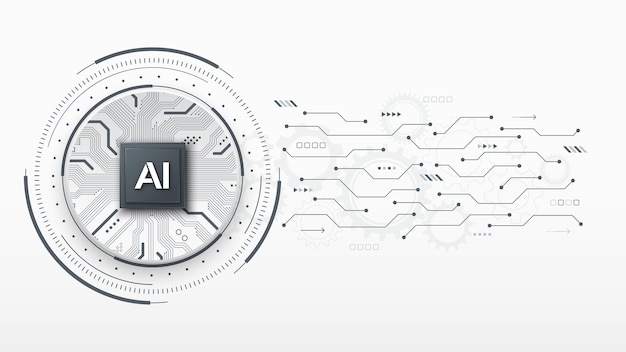 AI Chip with circuit board on a futuristic HUD frame Machine learning and automation concept Artificial intelligence tech background Smart tech and algorithm Vector illustration