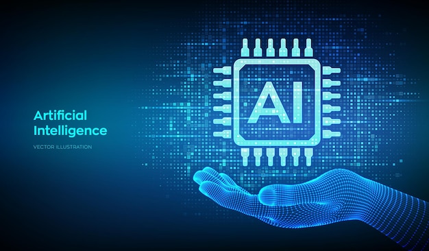 AI Icona di intelligenza artificiale fatta con codice binario digitale in mano wireframe