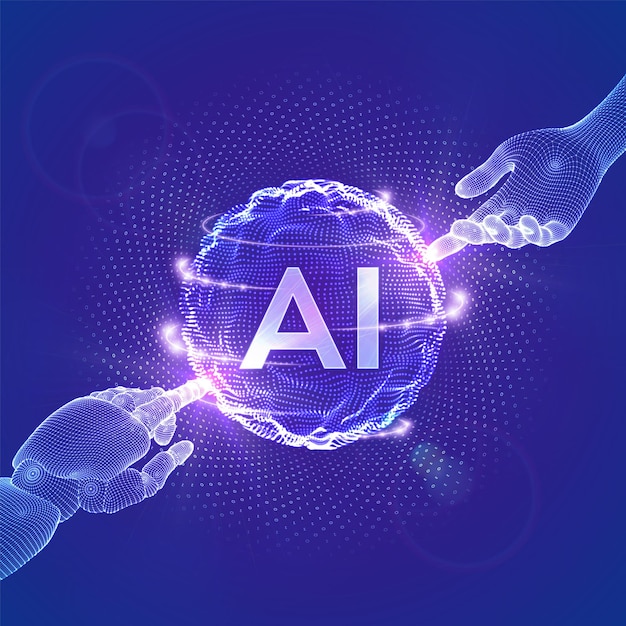 AI Intelligenza Artificiale Mani di Robot e Umano che tocca l'onda della griglia della sfera con codice binario Concetto di tecnologia di Intelligenza Artificiale e Machine Learning Reti neurali Illustrazione vettoriale