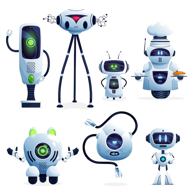 Ai personaggi dei cartoni animati robot, androidi di intelligenza artificiale e cyborg della tecnologia del futuro