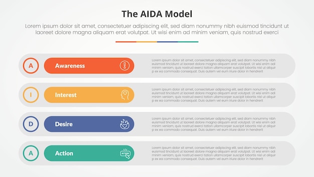 AIDA modello di marketing concetto infografico per la presentazione di diapositive con lunga pila di scatole rettangolari rotonde con lista di 4 punti con stile piatto