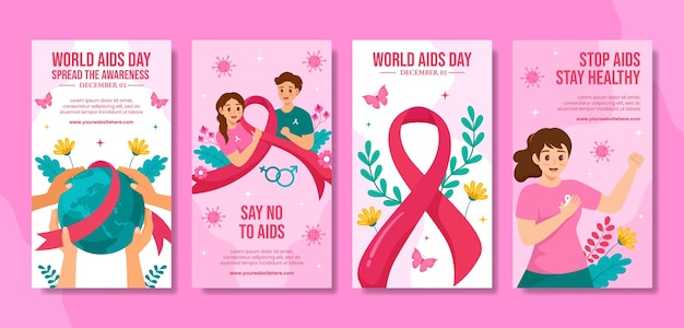 Aids Day Social Media Stories Flat Cartoon Hand Drawn Templates Background Illustration