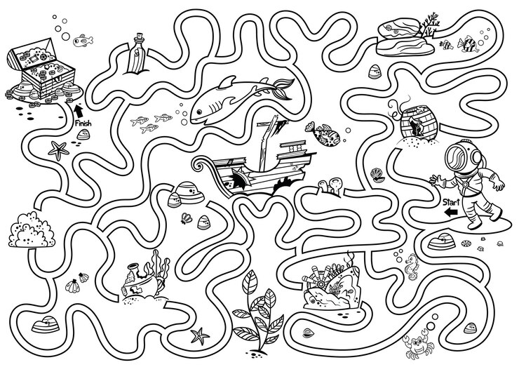 Aiuta il subacqueo a arricchire lo scrigno del tesoro Gioco del labirinto in bianco e nero per bambiniIllustrazione vettoriale