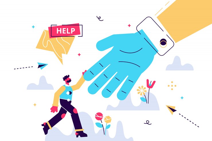 Aiuto illustrazione. Concetto di persona di assistenza di emergenza piatta minuscola. Soluzione di salvataggio in pericolo e situazione problematica. Solidarietà sociale e servizio di aiuto volontario. Lavoro di squadra astratto dando mano