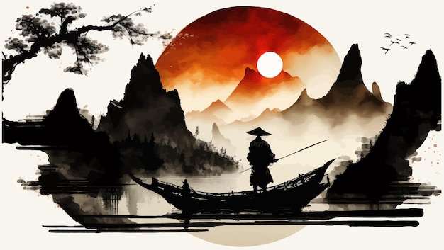Alba con il grande paesaggio del sole rosso con il pescatore in una barca