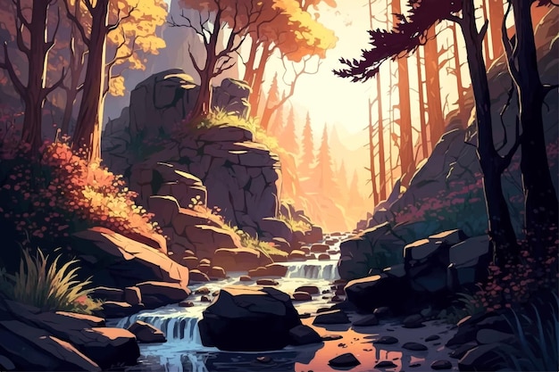 Alba su una foresta con l'illustrazione del paesaggio di vettore del fumetto di flusso del fiume.