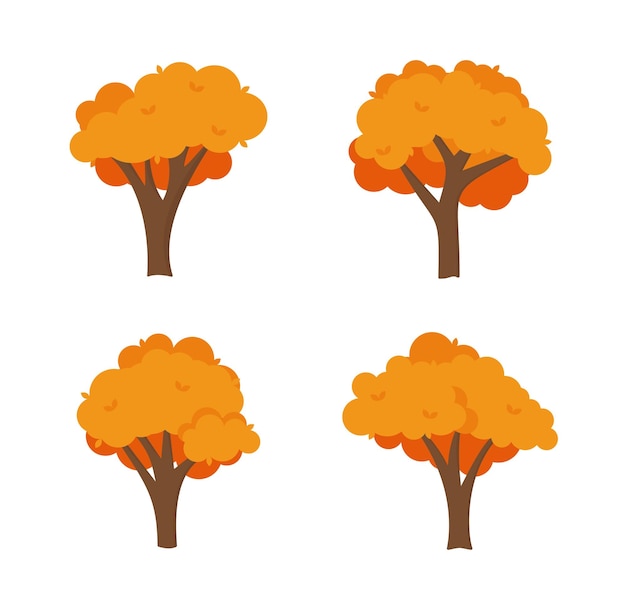 Alberi autunnali colorati Cartoon giallo arancione autunno albero e giardino autunnale cespuglio icona con foglie d'oro stagione autunnale per parco cittadino e paesaggio forestale sfondo vettore isolato simbolo set