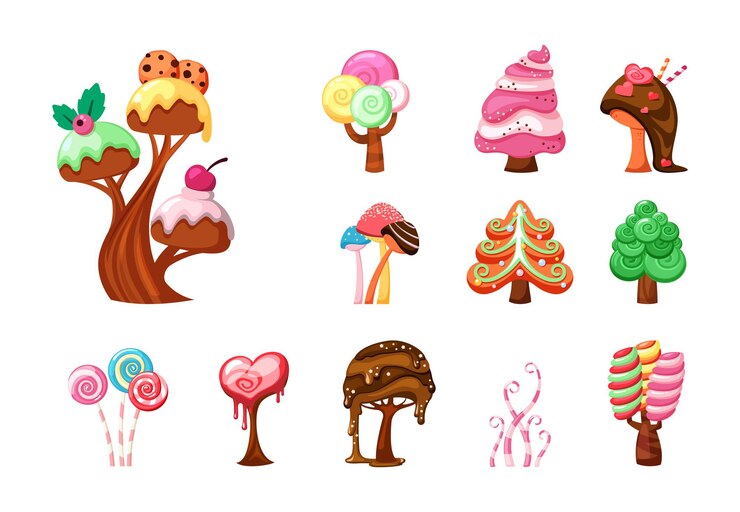 Alberi di caramello cespugli dolci colorati da favola alberi piante di fantasia Immagini vettoriali in stile cartone animato per progetti di game design