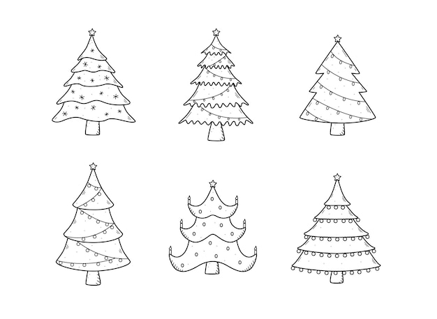 Alberi di Natale doodle set illustrazione vettoriale di alberi di Natale decorati