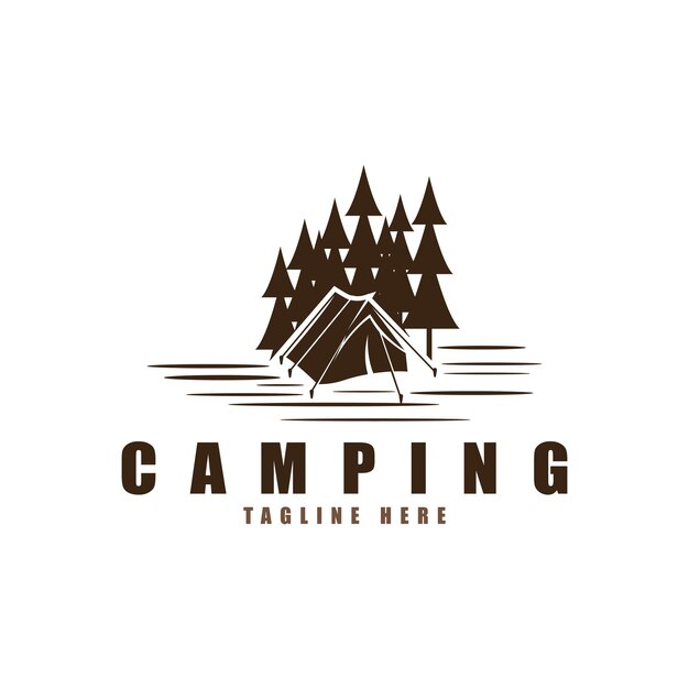 Alberi di pino e tenda da campeggio con logo strutturato. Illustrazione vettoriale