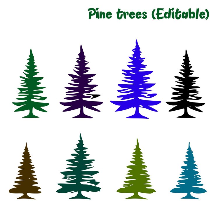 Vettore alberi di pino vettoriali silhouette di pino stilizzate in diversi colori e forme otto alberi di pineto unici