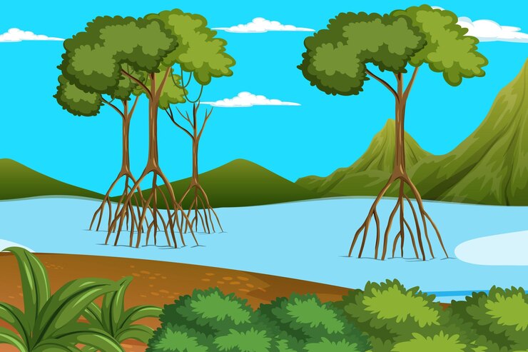 alberi nell'acqua con le montagne sullo sfondo