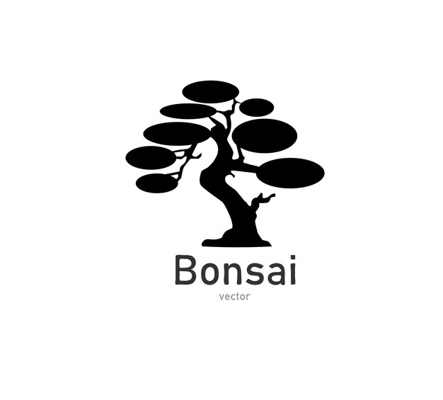 Albero bonsai giapponese Icona dell'albero con logo nero Illustrazione vettoriale della silhouette bonsai.