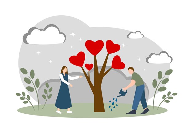 Albero con cuori che costruisce relazioni d'amore coppia innamorata