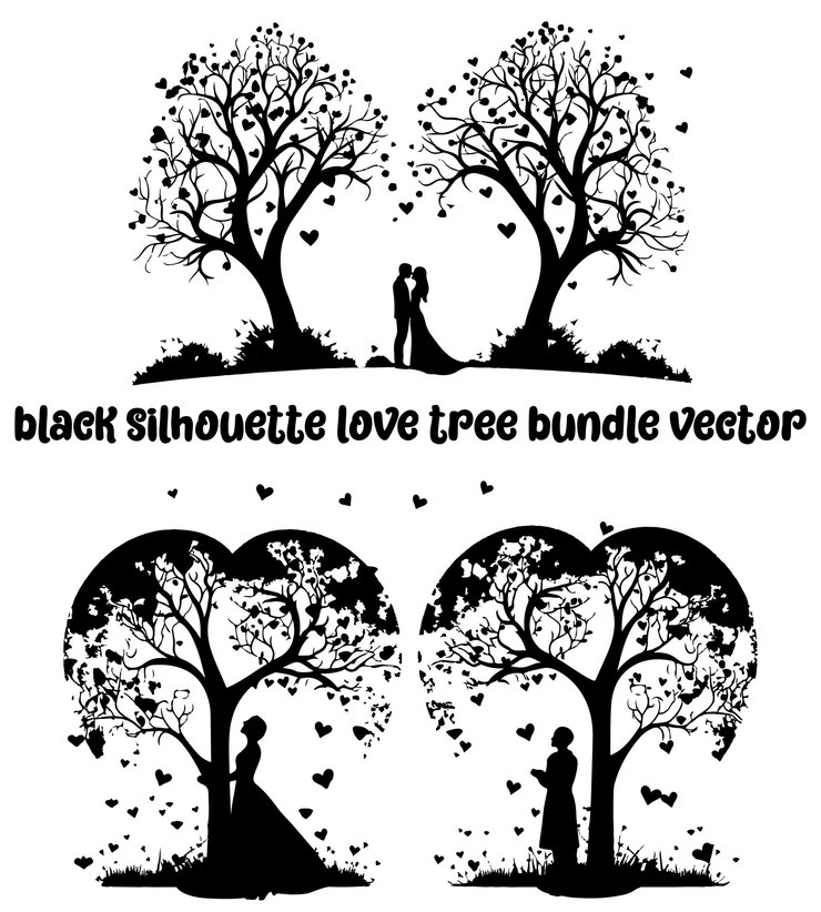 Vettore albero d'amore nero con foglie di cuore disegno a mano silhouette dell'albero di san valentino