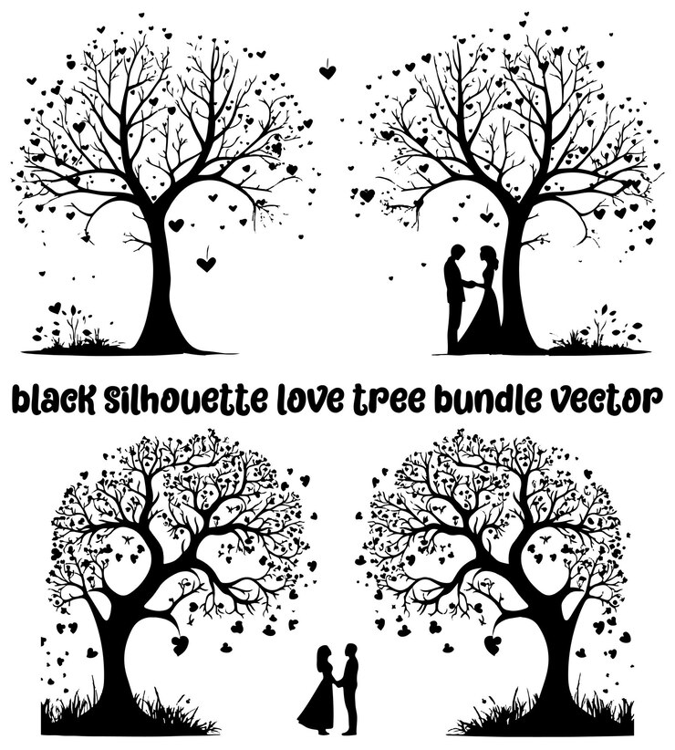 Vettore albero d'amore nero con foglie di cuore disegno a mano silhouette dell'albero di san valentino