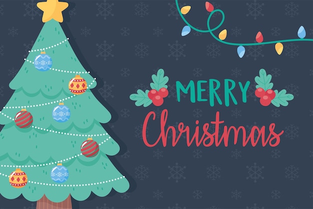 Albero decorativo di buon natale con illustrazione della carta delle sfere e delle luci della stella