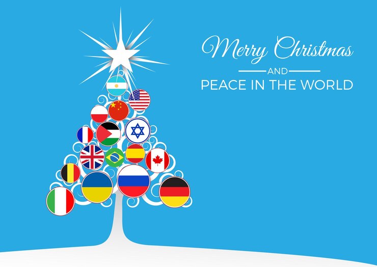Albero di Natale con bandiere nazionali, pace nel mondo senza guerre Biglietto di auguri con illustrazione vettoriale