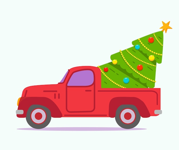 Albero di Natale con ghirlande e palline. Pickup retrò con albero di Natale. Auto camion rossa.