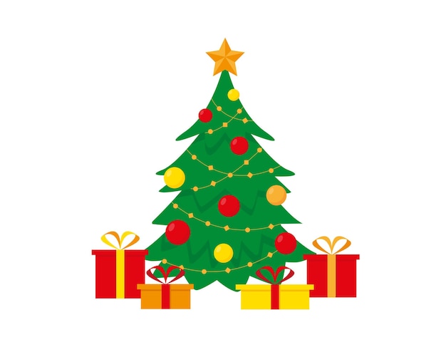 Albero di Natale decorato e scatole per regali Felice Anno Nuovo e Natale