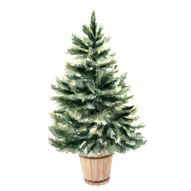 Albero di Natale dell'acquerello in secchio di legno