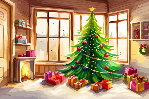 Albero di Natale di carta acquerello e scatole regalo nell'illustrazione vettoriale della sala festiva