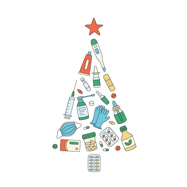 Albero di Natale di farmaci, farmaci, pillole, bottiglie ed elementi medici di assistenza sanitaria. Natale di medicina. Illustrazione vettoriale a colori su sfondo bianco