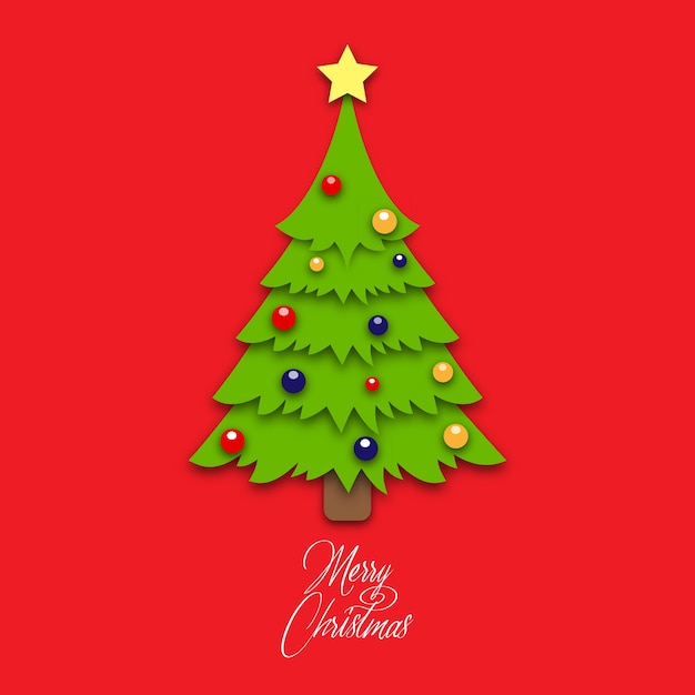 Albero di Natale fatto da carta su sfondo rosso.