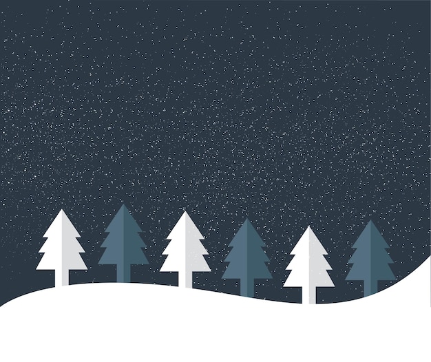 Albero di Natale Fiocchi di neve che cadono nella notte Design semplicemente piatto