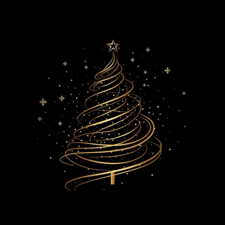 Vettore albero di natale minimalista fatto di linee dorate vorticose su sfondo nero illustrazione vettoriale