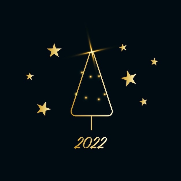 Albero di Natale scintillante con polvere brillante. Icona di contorno metallico dorato con stelle su sfondo blu scuro. Buon Natale e felice anno nuovo 2022. Metallico dorato. Illustrazione vettoriale.