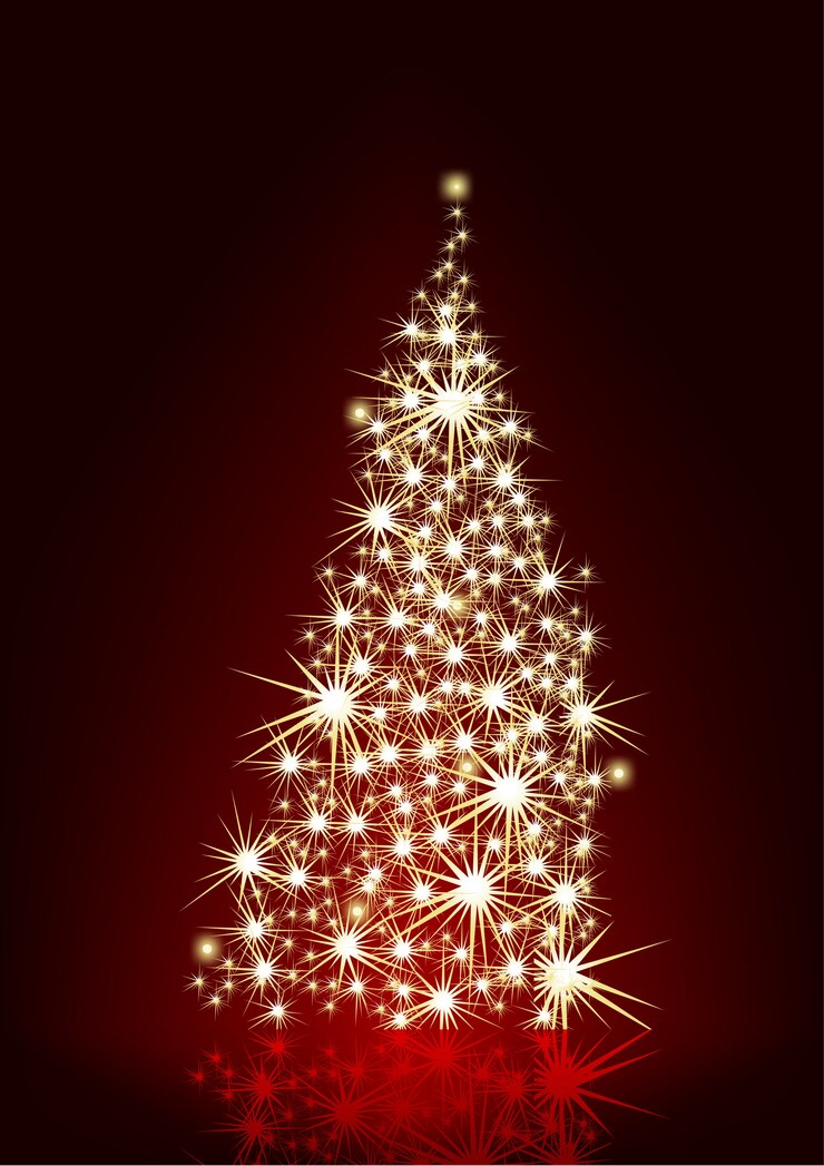 Vettore albero di natale scintillante incandescente sul rosso