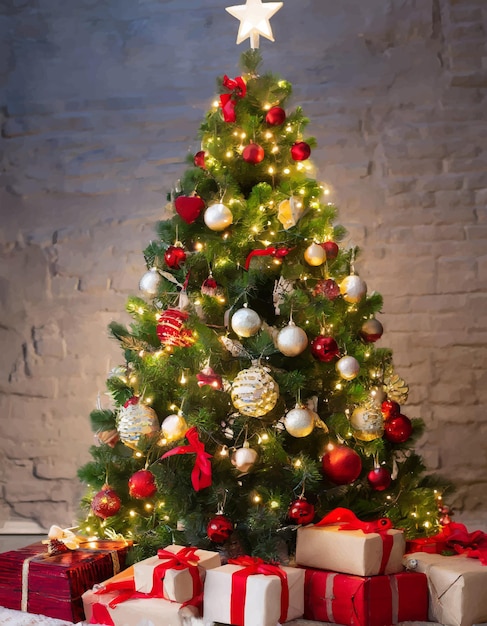 albero di Natale splendidamente decorato con scatole da regalo