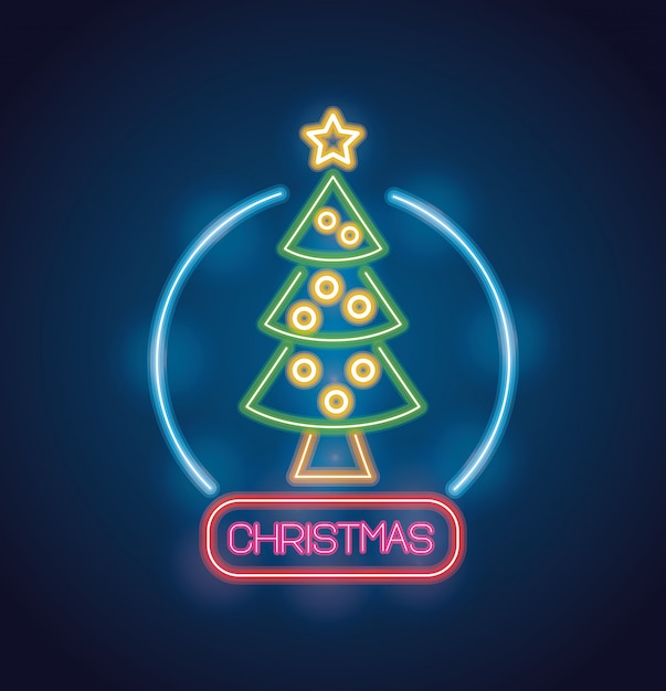 albero di pino di buon Natale con luci al neon
