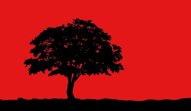 Albero in collina silhouette illustrazione vettoriale su sfondo rosso