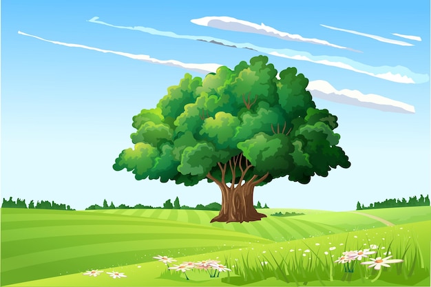 albero vettoriale con erba e cielo